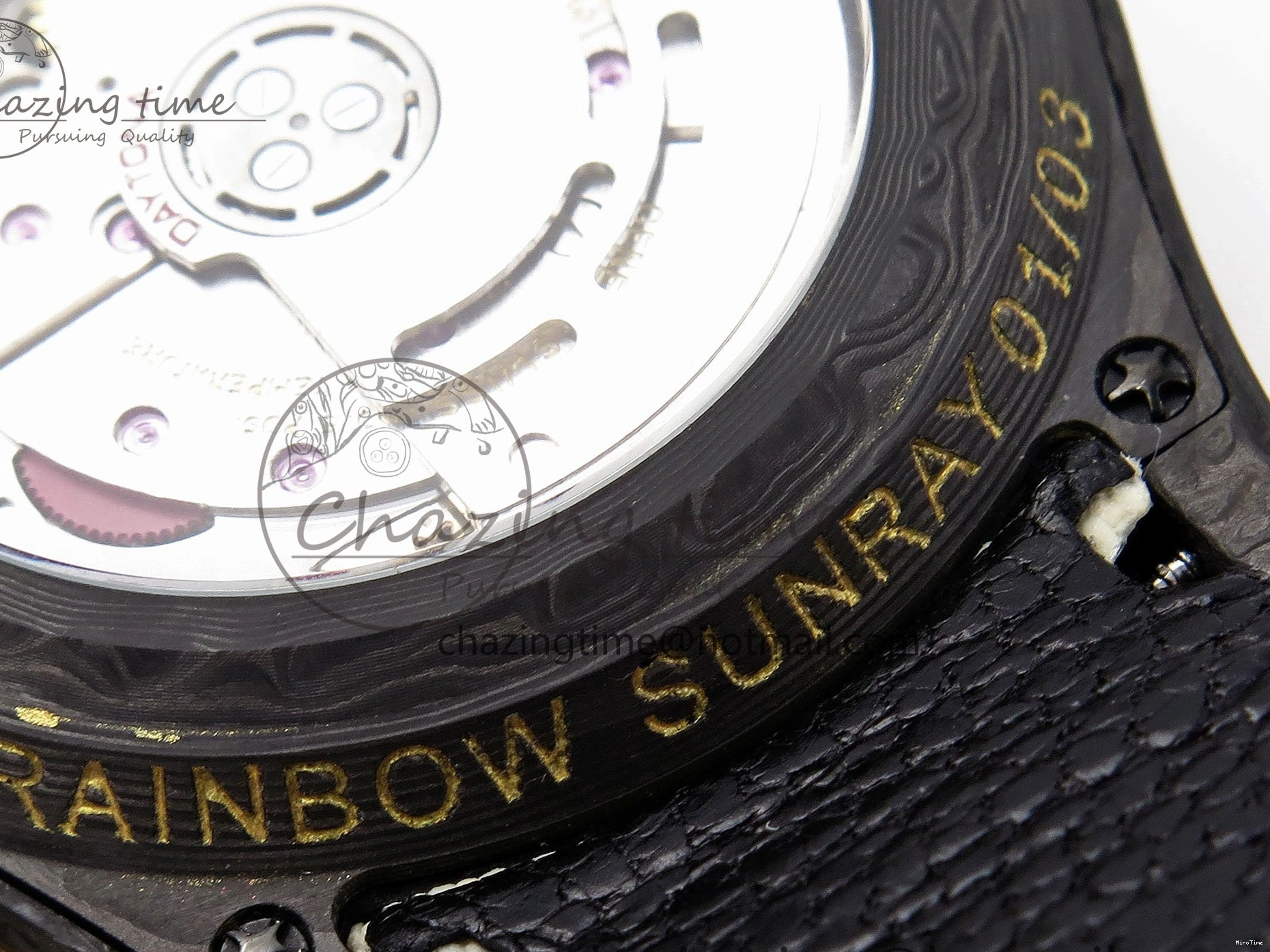 MiroTime 0504 Refined Daytona DIW Carbon Case DIWF Edition Black White Dial Orange Diamonds Bezel on White Nylon Strap A 1668